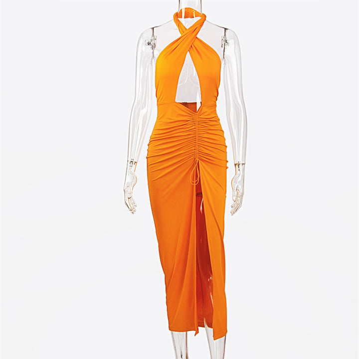 Dame Cut-Out Maxi-kjole med raffinerede rynkelementer og dyb split Stilla
