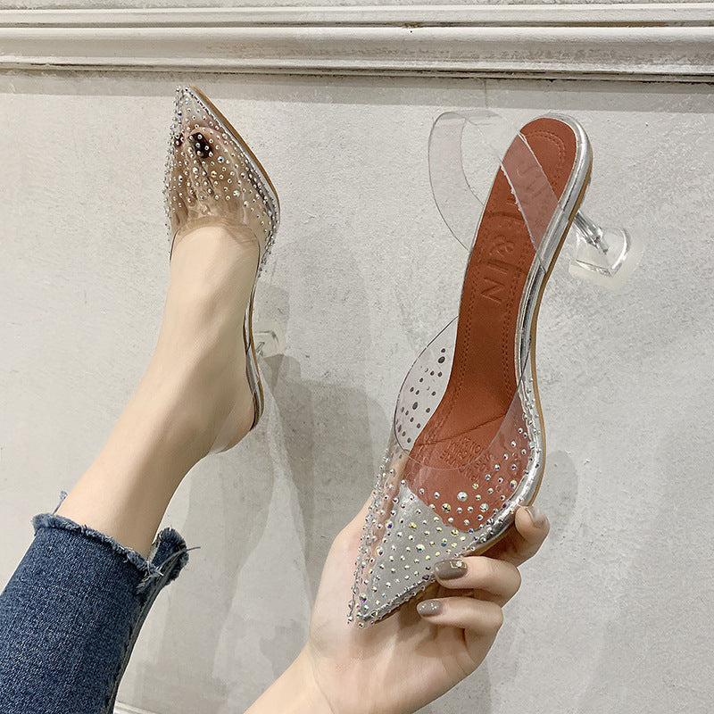 Dame elegante Slingback-pumps med glitrende strassdetaljer og gennemsigtig blokhæl Stilla
