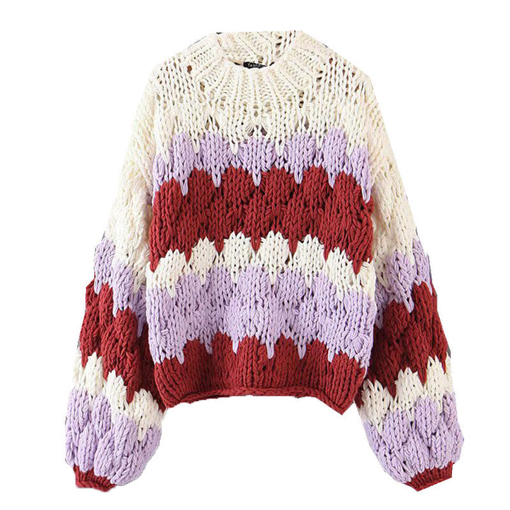 Dame grovstrikket pullover med moderne bølgemønster og voluminøse ærmer Stilla