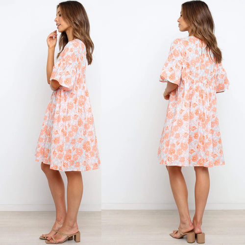 Dame Floral Print A-linje Sommerkjole med Rynkeærmer Stilla