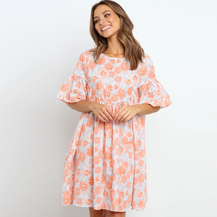Dame Floral Print A-linje Sommerkjole med Rynkeærmer Stilla