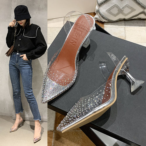 Dame elegante Slingback-pumps med glitrende strassdetaljer og gennemsigtig blokhæl Stilla