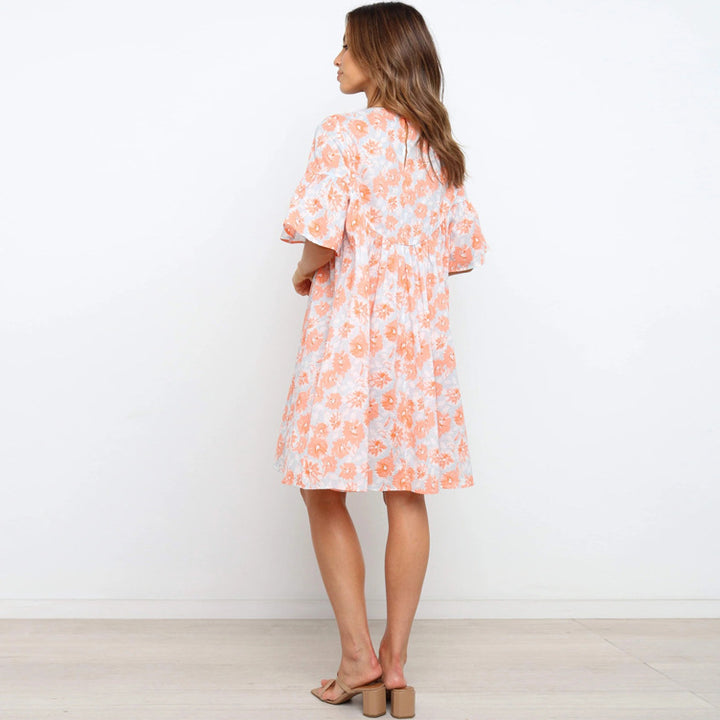 Dame Floral Print A-linje Sommerkjole med Rynkeærmer Stilla