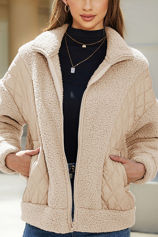Stilla | Langærmet cardigan med lynlås i fleece patchwork damesjakke