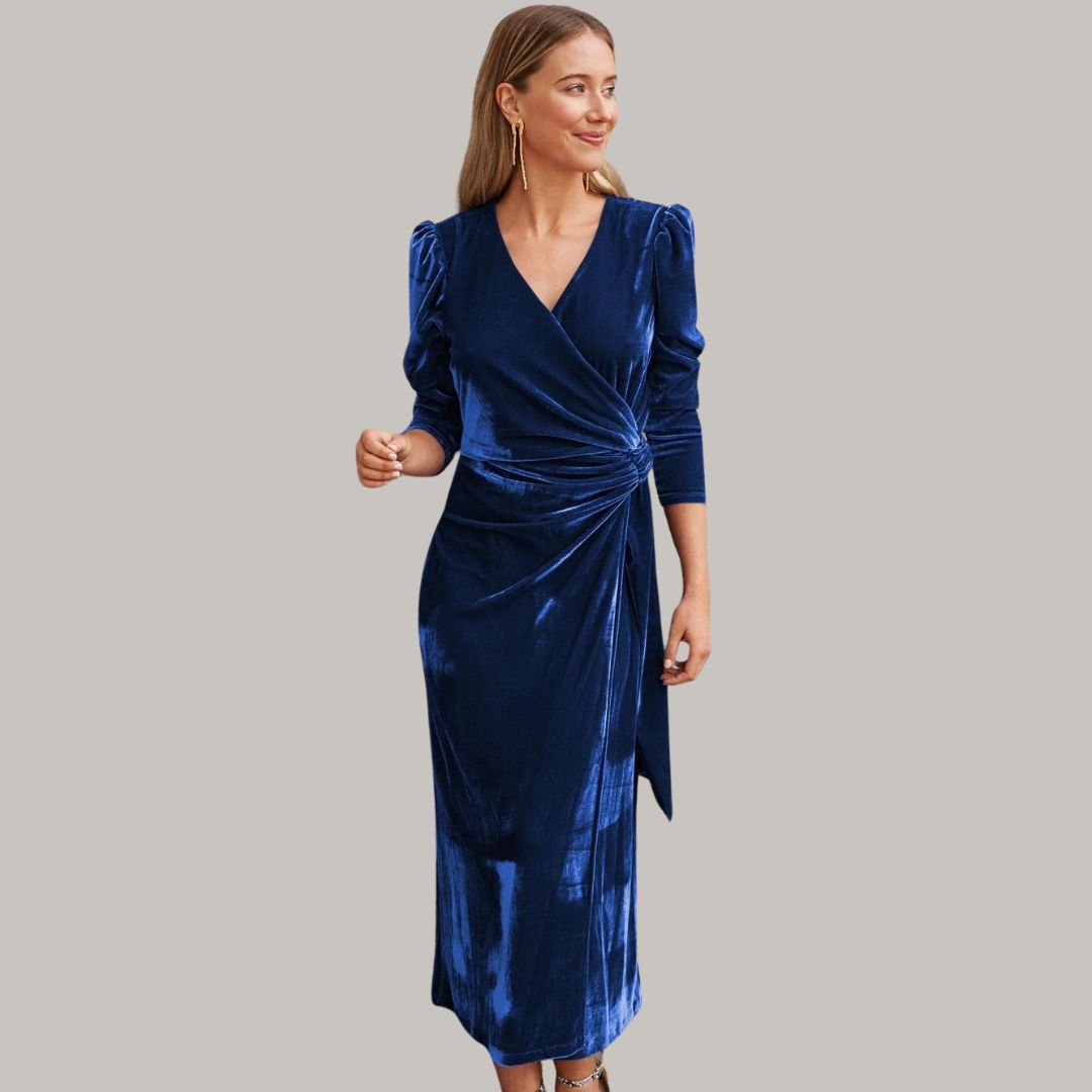 Stilla | Lang Midi Kjole Wrap-Type af Velours med Puffærmer