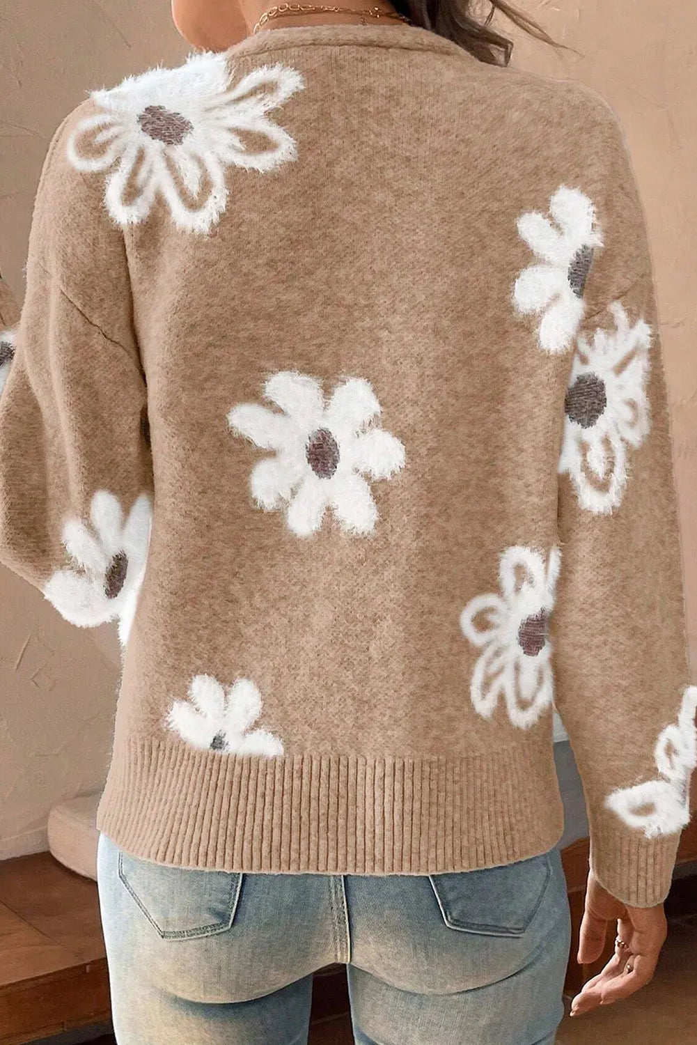 Stilla | Blomster Strikjakke Med Lange Ærmer og Knapper