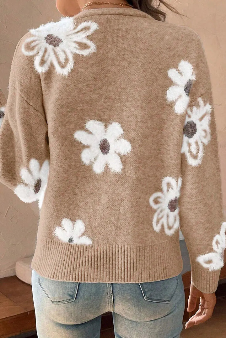 Stilla | Blomster Strikjakke Med Lange Ærmer og Knapper