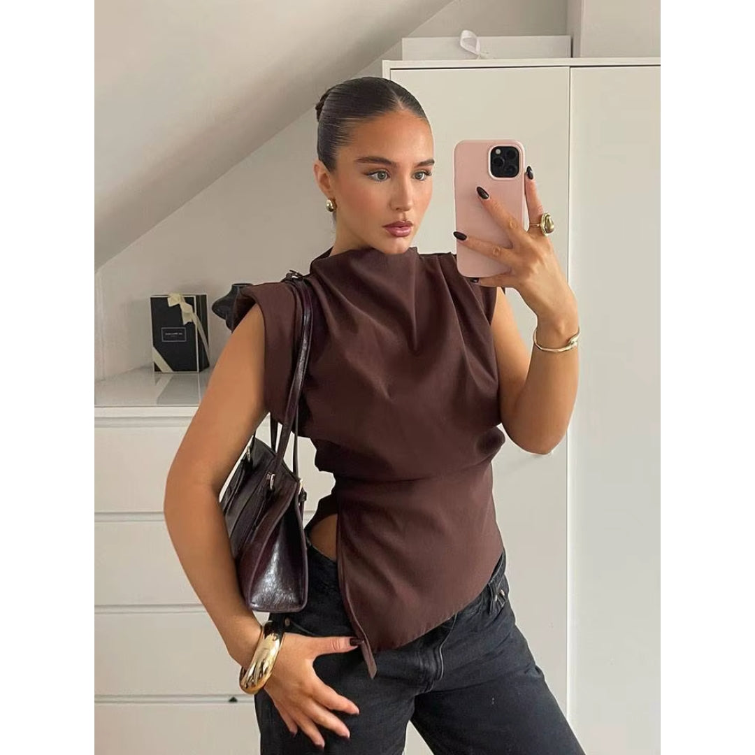Stilla | Asymmetrisk Draperet Ærmeløs Bluse