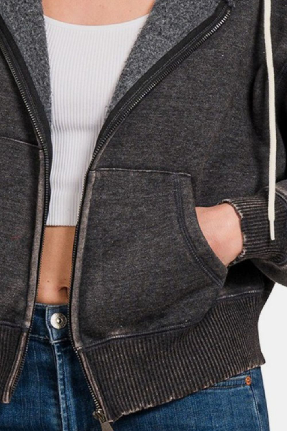 Stilla | Sweatjakke Med Hætte Af Acid Washed Fleece Med Lynlås