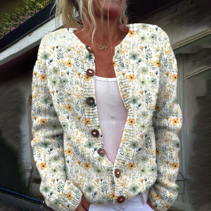 Stilla | Cooler Strikjakke Med Lange Ærmer og Blomsterprint