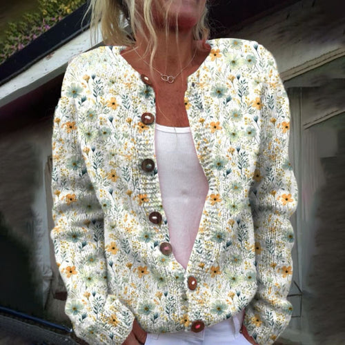 Stilla | Cooler Strikjakke Med Lange Ærmer og Blomsterprint