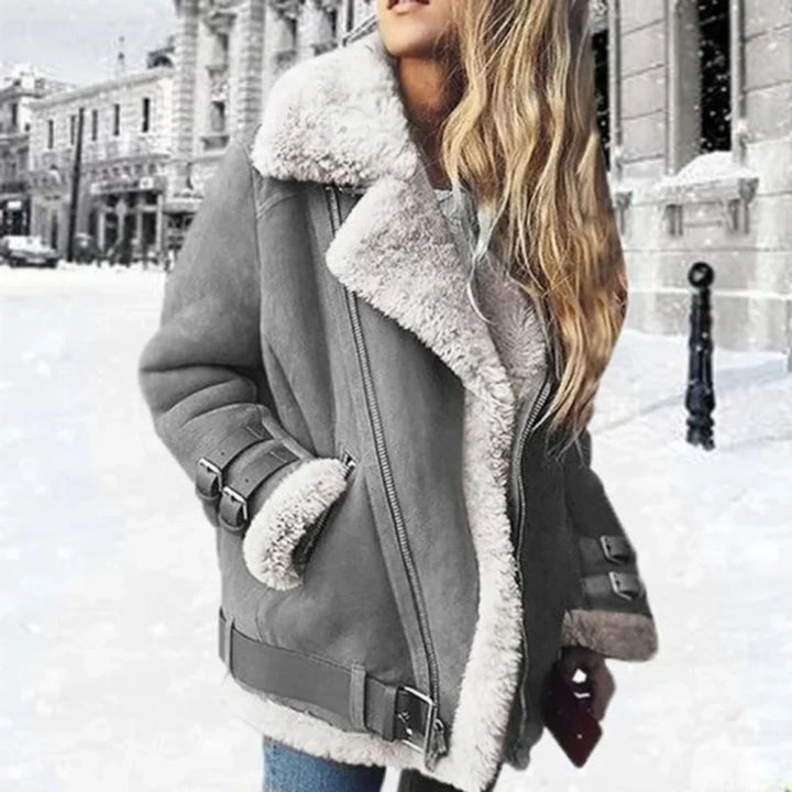 Stilla | Jakke Oversized Fit Faux-Suede Sherpa-foring Asymmetrisk Lynlås