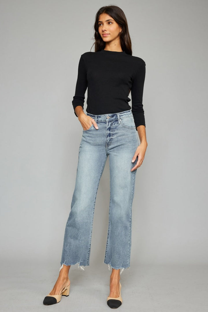 Stilla | Høj Talje Raw Hem Beskåret Bred Ben Jeans