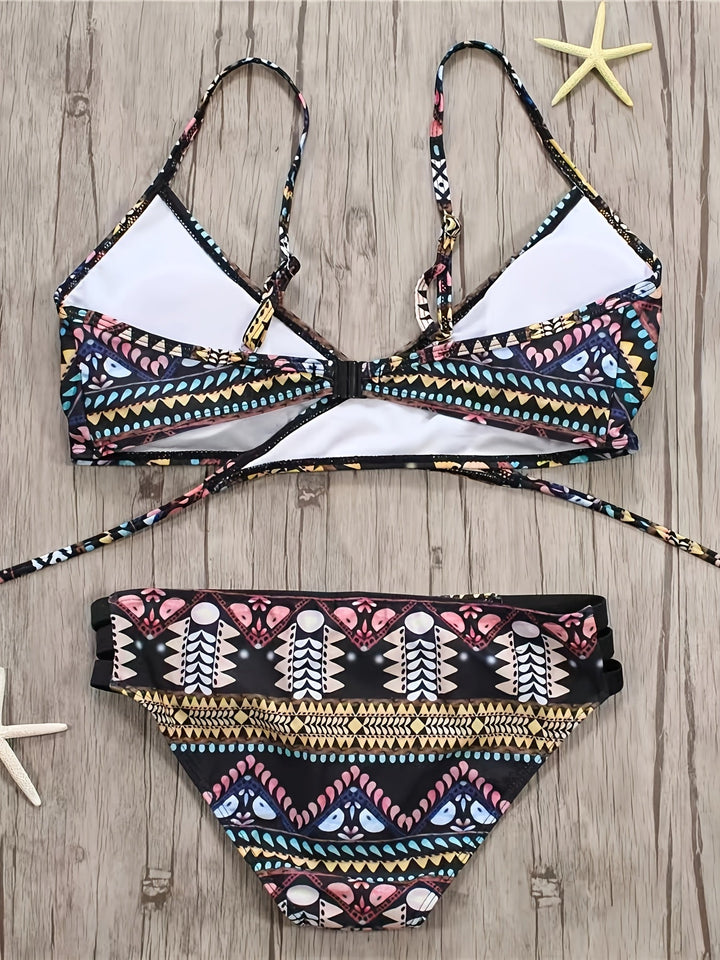 Stilla | Boho Bikini Sæt to Delt Med Høj Talje Og Tribal Mønster, Uden Stropper