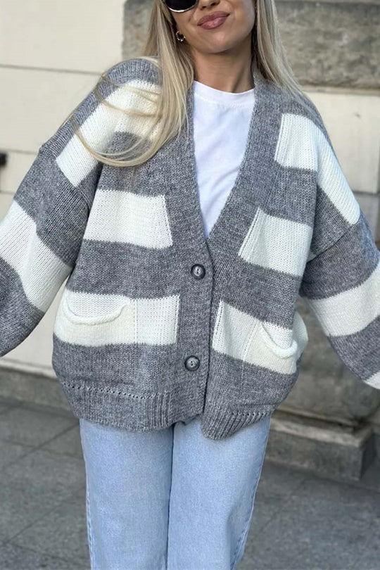 Stilla | Stribet Casual Cardigan Med Lange Ærmer, Lommer Og V-udskæring