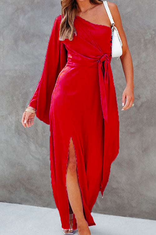 Stilla | One Shoulder Flare Sleeve Knot Waist Maxi Slit Kjole