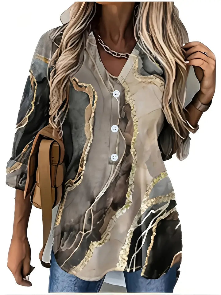 Stilla | Store Størrelser Bluse Med Marmorprint Elegant V-Hals, Lange Ærmer