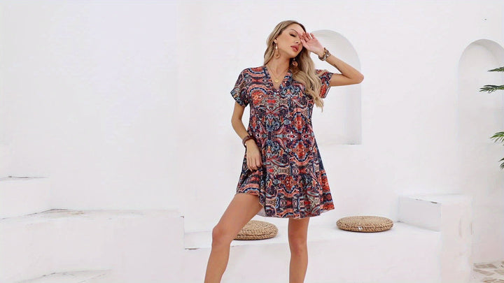 Stilla | Sukienka Paisley V-Neck Løs Kortærmet Sommerkjole