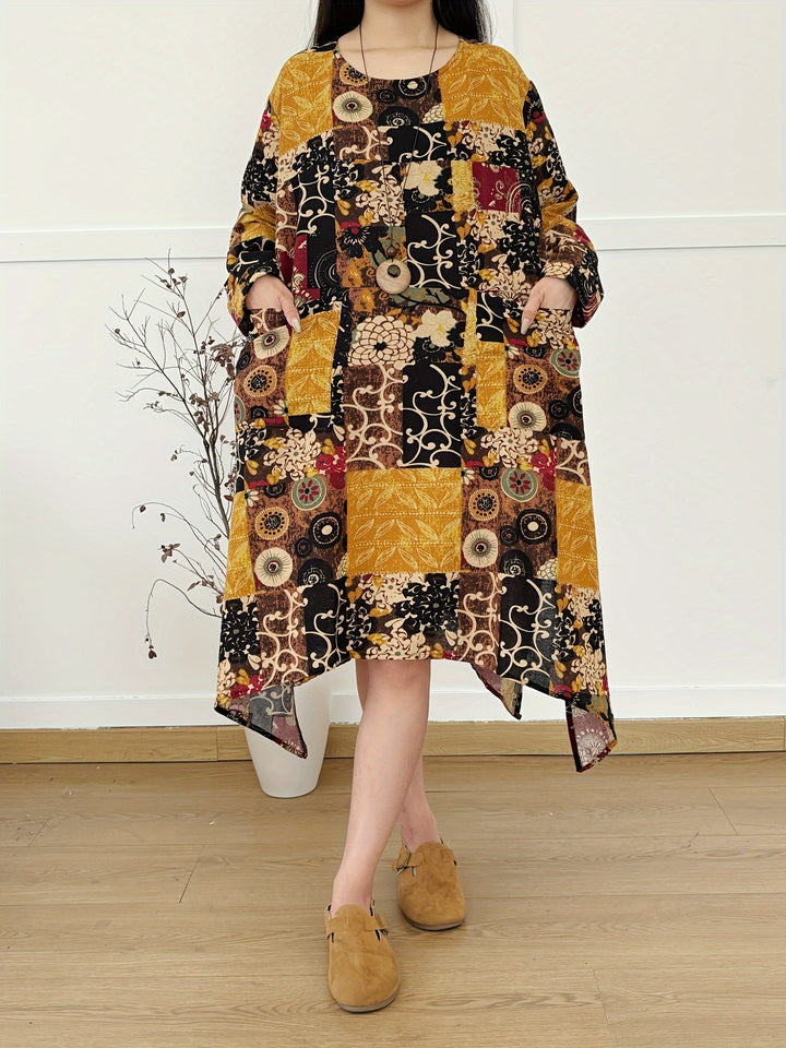 Stilla | Linned Kjole Med Lange Ærmer Boho Stil Årgang Print, Løs Og Afslappet, Rund Udskæring, Lommer