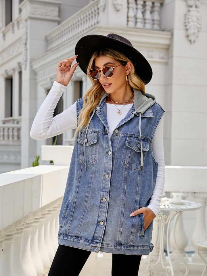 Stilla | Pocketed Button Up Uden Ærmer Denim Jakke