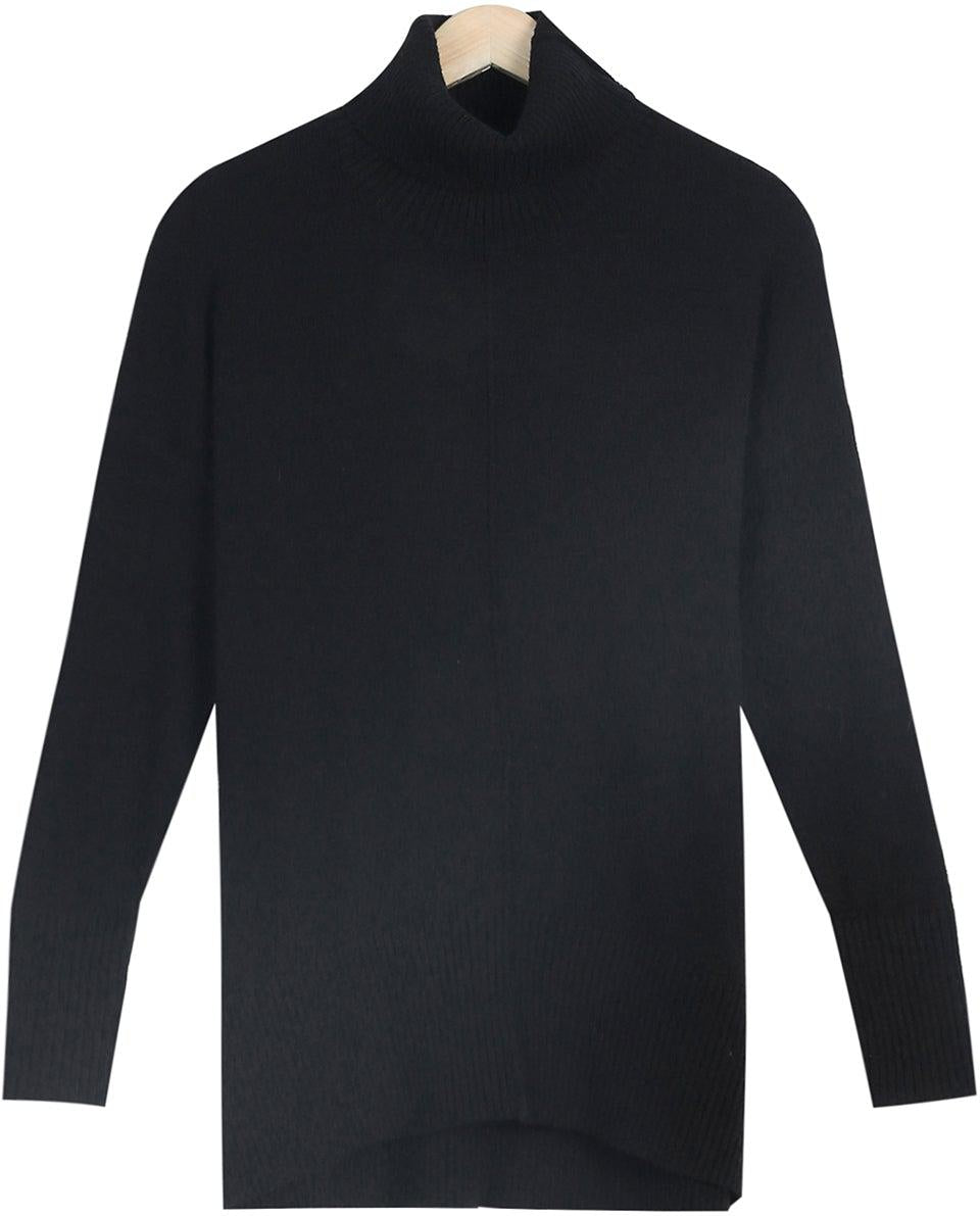 Stilla | Sort Ensfarvet Pullover Med Lange Ærmer og Høj Udrigning