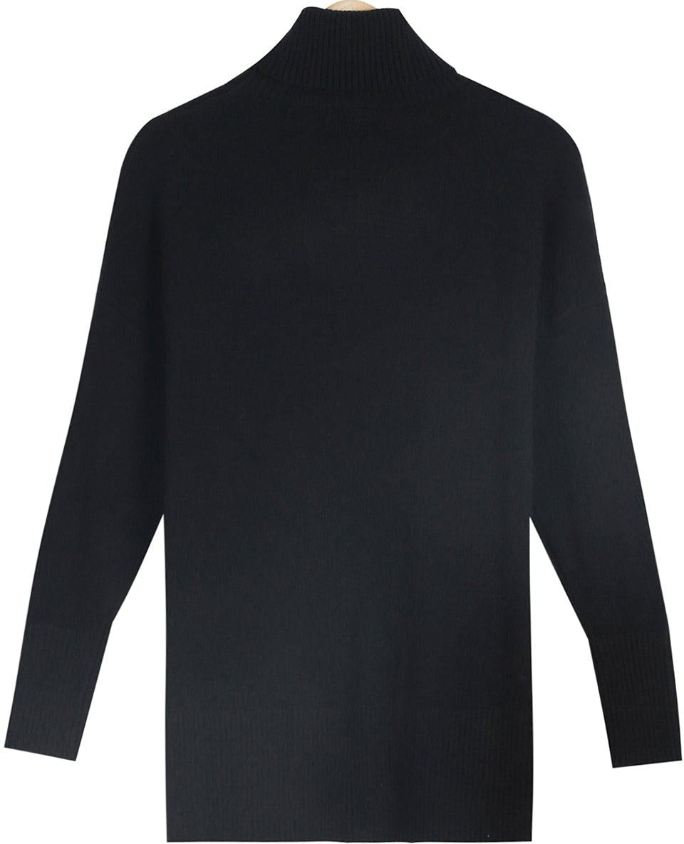 Stilla | Sort Ensfarvet Pullover Med Lange Ærmer og Høj Udrigning