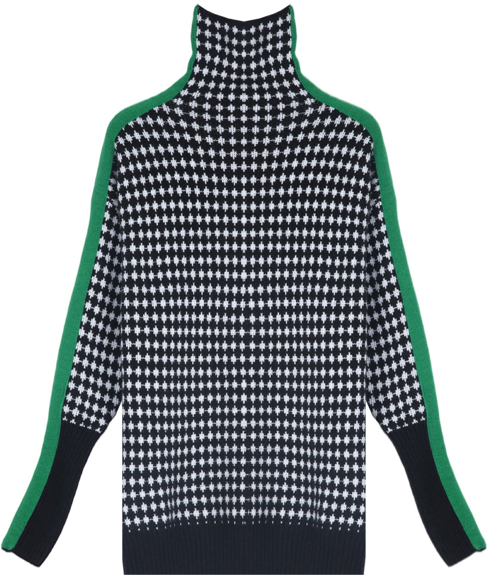 Stilla | Stribet Pullover i Grøn Med Sorte og Hvide Firkanter