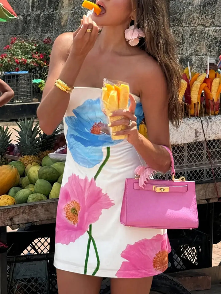 Stilla | Sommertøj Uden Stropper Med Blomsterprint Mini, Lyserød Blå, Luftig, Sexet Og Trendy Til Ferien
