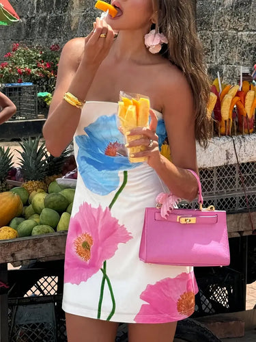 Stilla | Sommertøj Uden Stropper Med Blomsterprint Mini, Lyserød Blå, Luftig, Sexet Og Trendy Til Ferien