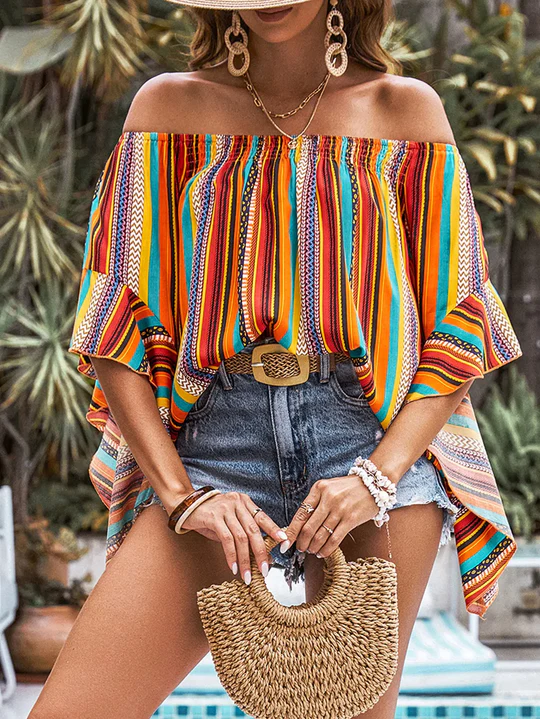Stilla | Bohème Stribet Off Shoulder Bluse
