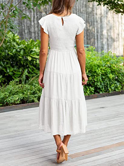 Stilla | Solid Farvet Rund Hals Cap Sleeve Løs Maxi Kjole