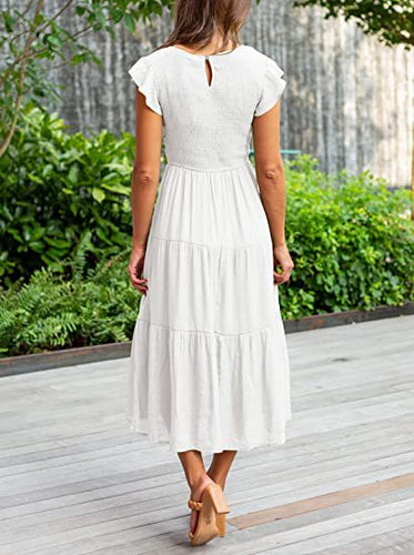 Stilla | Solid Farvet Rund Hals Cap Sleeve Løs Maxi Kjole
