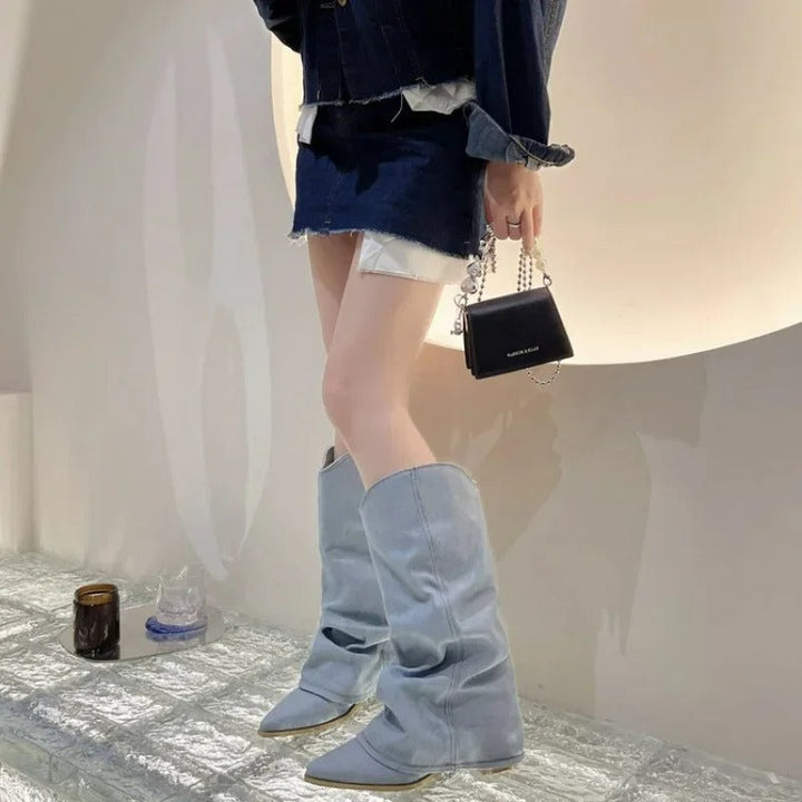 Stilla | Kvinder Knælang Denim Cowboy Støvler