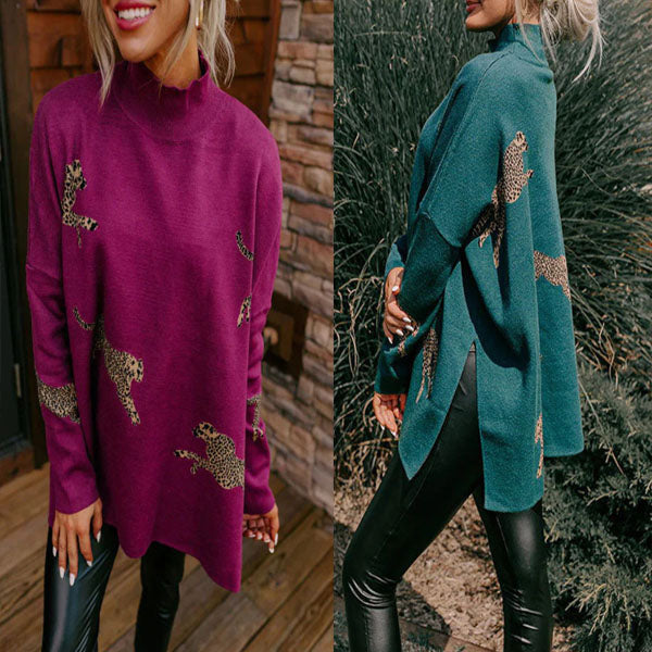Stilla | Lækkert Retro Overdel Med Lange Ærmer, Trykt Med Leopard og Tiger Motiv