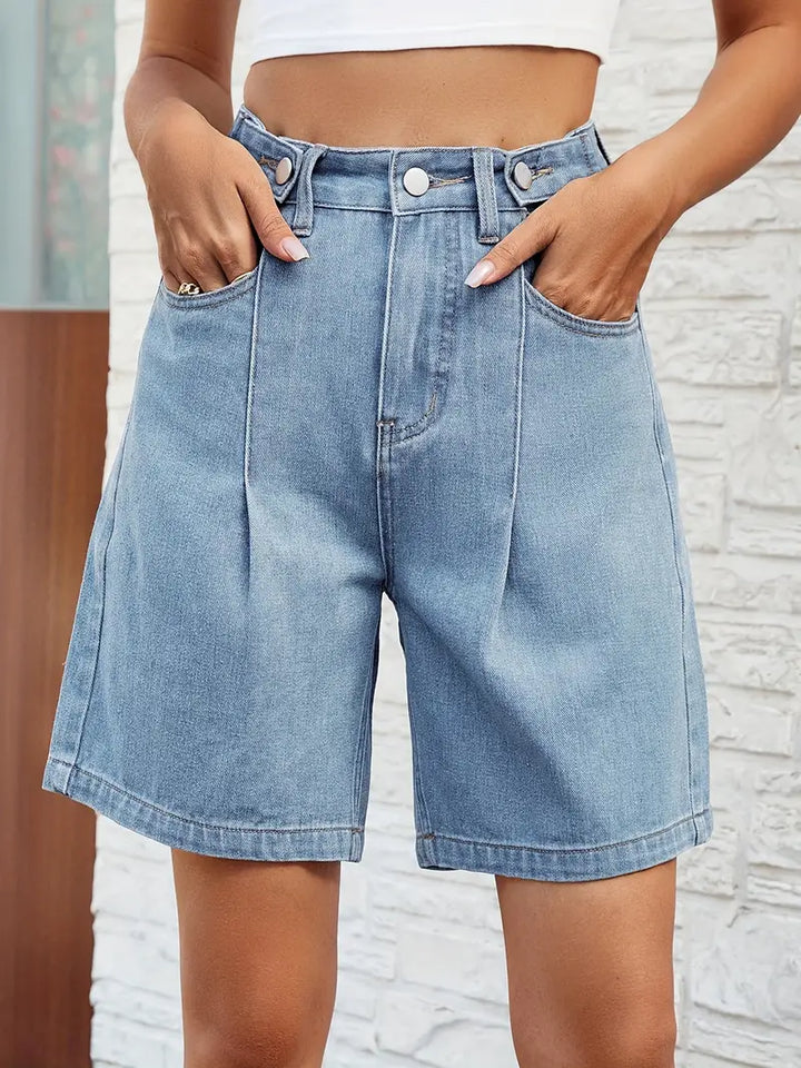Stilla | Plisserede Denim Jorts Med Justerbar Talje