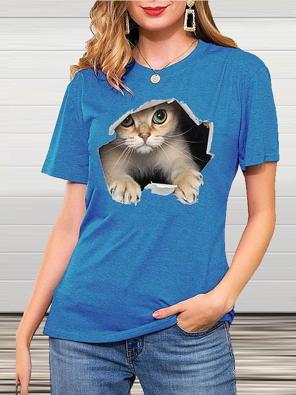 Stilla | Crew Neck Korte Ærmer Kat Print T-shirt