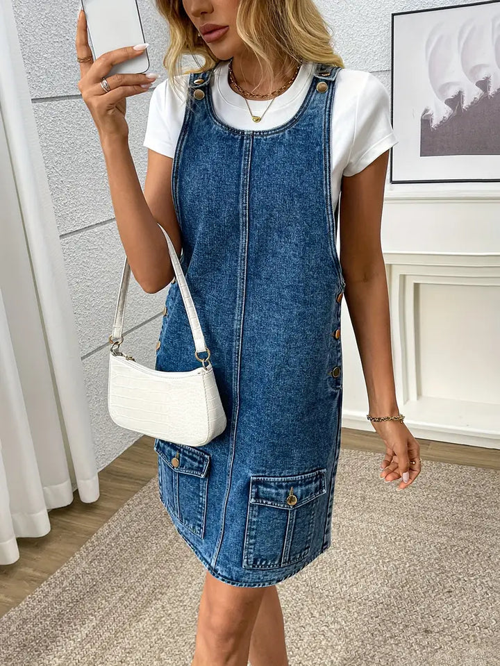 Stilla | Løs Denimkjole Til Sommer Denim Mini Kjole Uden Ærmer A-Facon Med Knaplukning Og Lommer