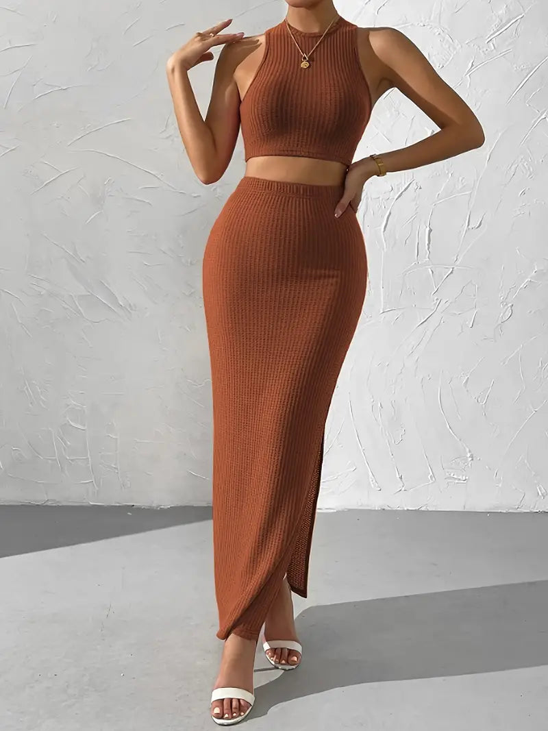 Stilla | Ærmeløs Crop Top Med Maxi Nederdel Strikket Sæt