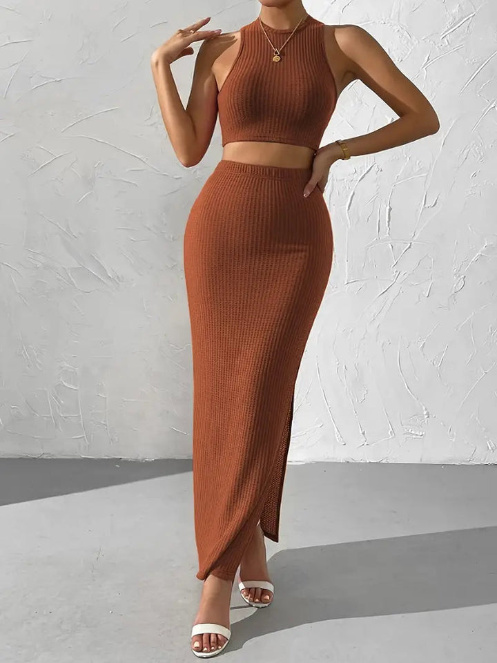 Stilla | Ærmeløs Crop Top Med Maxi Nederdel Strikket Sæt