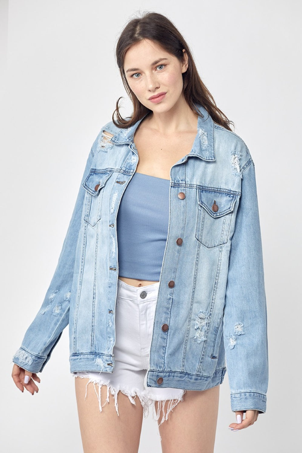 Stilla | Full Size Distressed Langærmet Denim Jakke