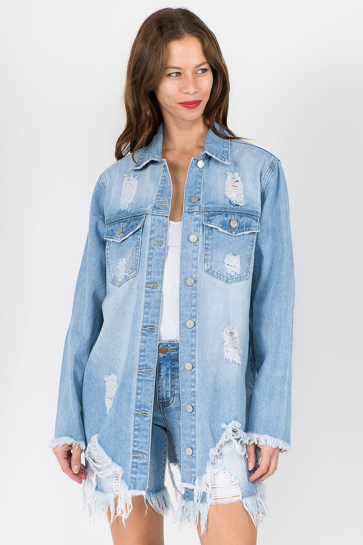 Stilla | Amerikansk Bazi Jeansjakke I Used Look Med Frynset Kant