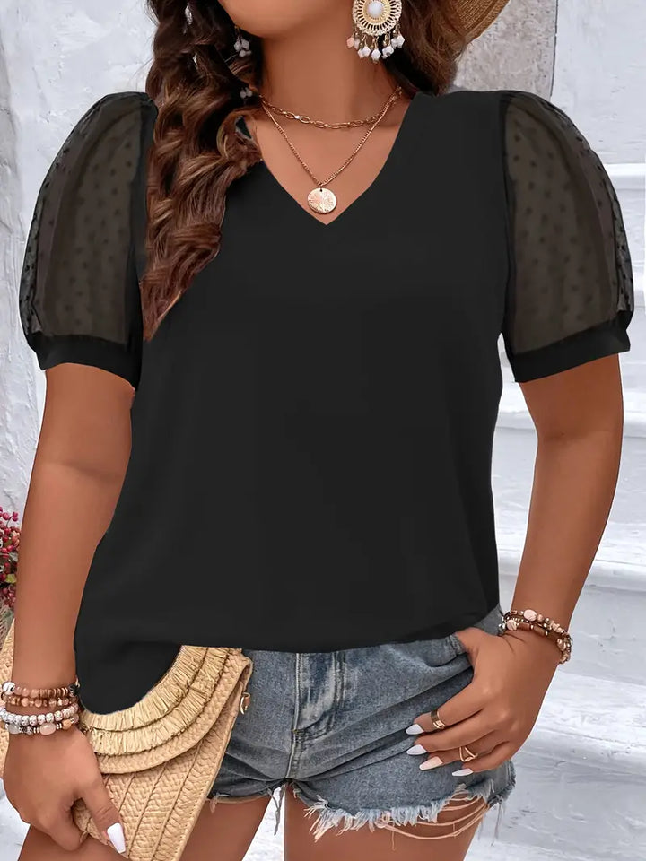 Stilla | Bluse Store Størrelser Sorte V-Hals Blonde Ærmer, Let & Elegantbluse Store Størrelser Sorte V-Hals