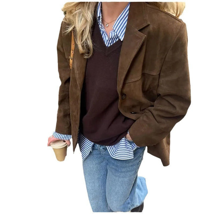 Stilla | Retro Kunstlæder Blazer - Stilfuld Vintage Jakke til Hverdag Og Kontor