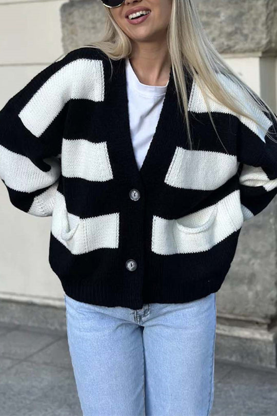 Stilla | Stribet Casual Cardigan Med Lange Ærmer, Lommer Og V-udskæring
