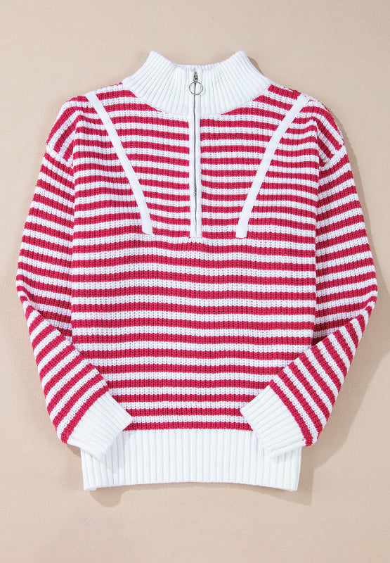 Stilla | Stribet Pullover Med Lange Ærmer og Halv Lynlås og Ståkrave