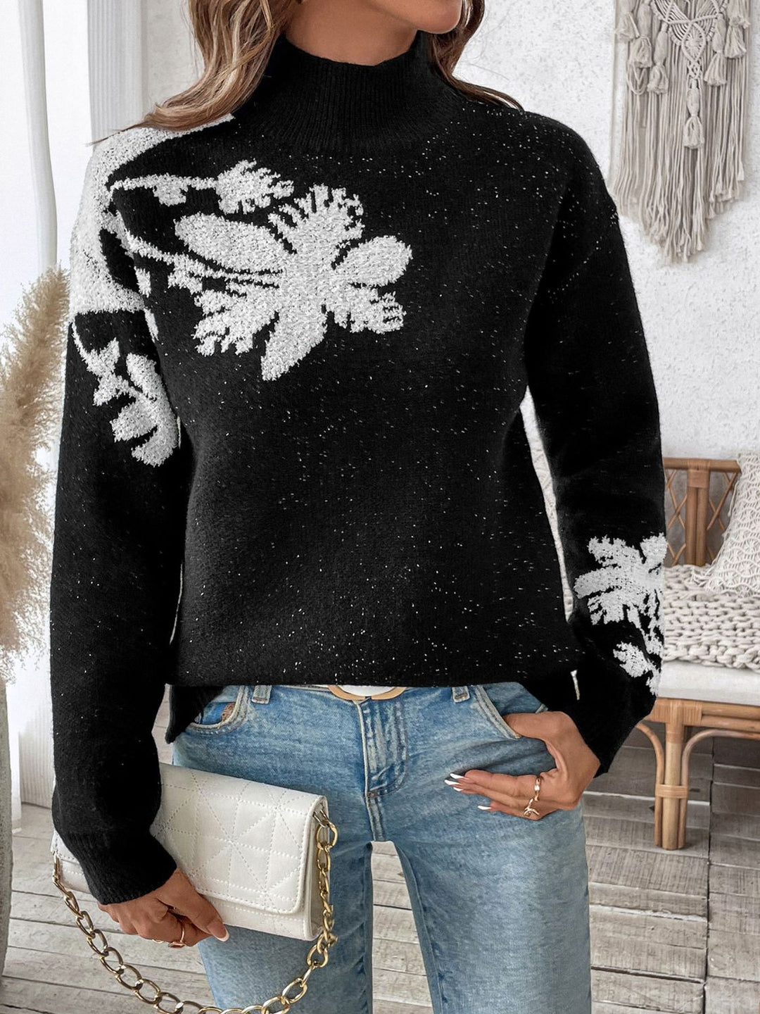 Stilla | Pullover Med Lange Ærmer og Høj Krave Perfee Flower