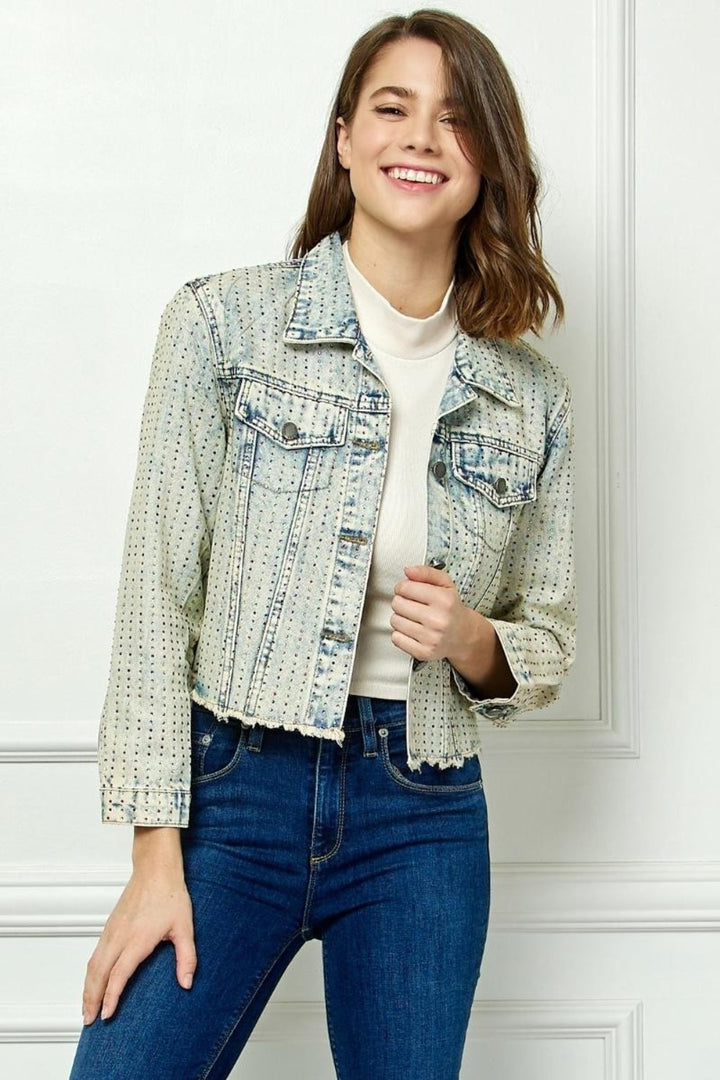 Stilla | Multi Color Stripe Rhinestone Raw Hem Denim Jakke