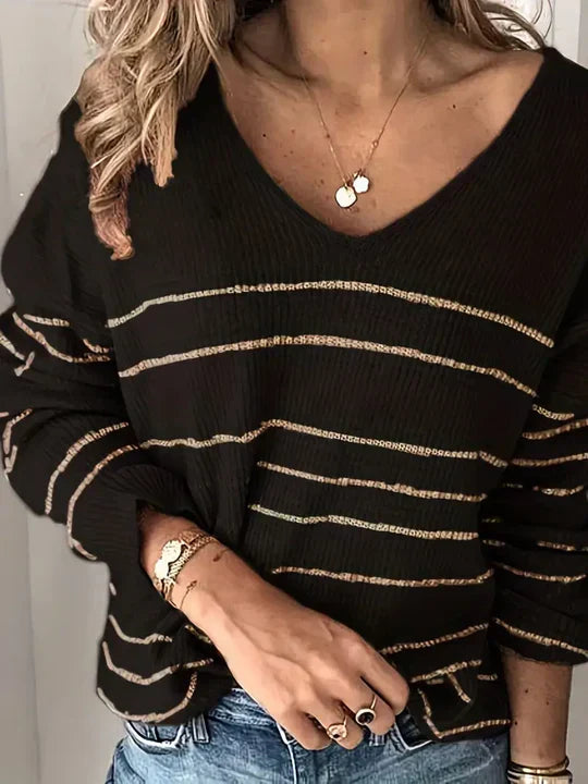 Stilla | V hals sweater med stribet mønster