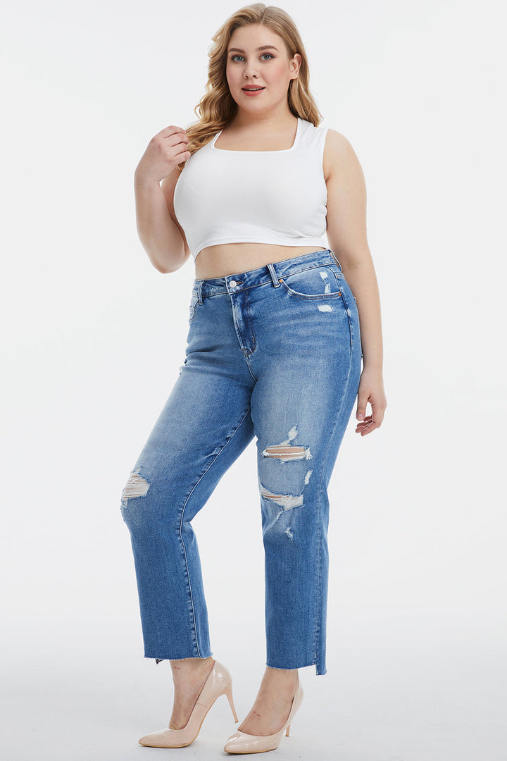Stilla | Full Size Mid Waist Distressed Ripped Straight Jeans