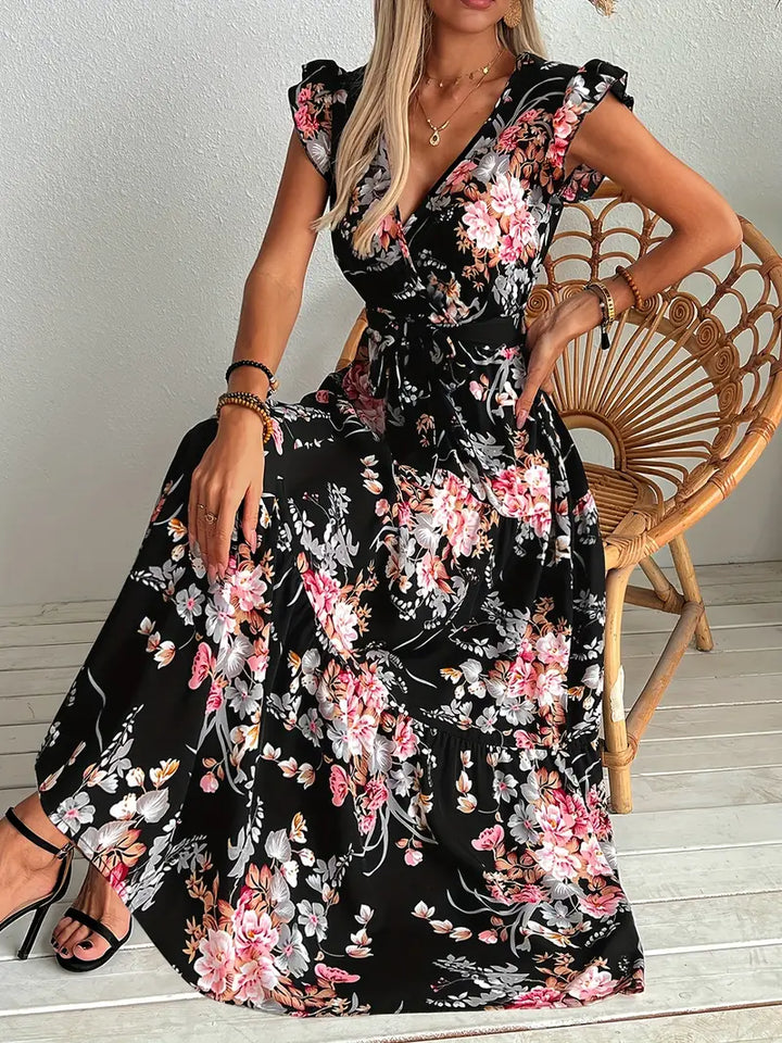 Stilla | Sort Svingekjole Med Blomstermotiv Elegant Sommerkjole Med Flæser Og Bælte